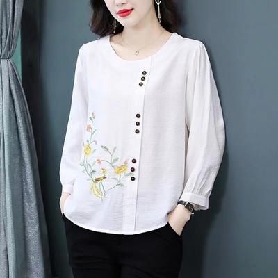 Summer Cotton Linen Embroidery Loose Casual Blouse Lady Sleeve Vintage Top Women Oversized Elegant Shirt