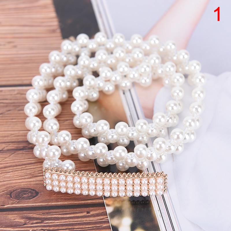 Women Ladies Pearls Beads Chain Belt Stretchy Flower Buckle Waistband