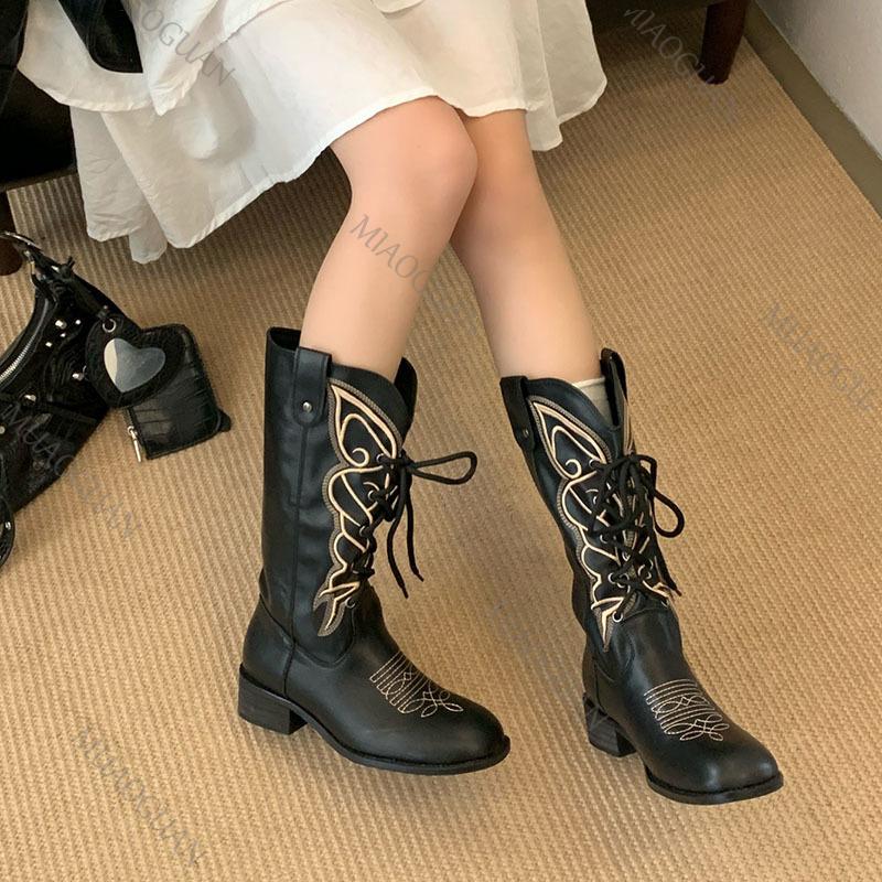 Fashion 2025 Autumn Winter New Lace-up Round Head Mid-calf Boots for Women Embroidered Boot Female Female Chunky Heeled Botas Femininas