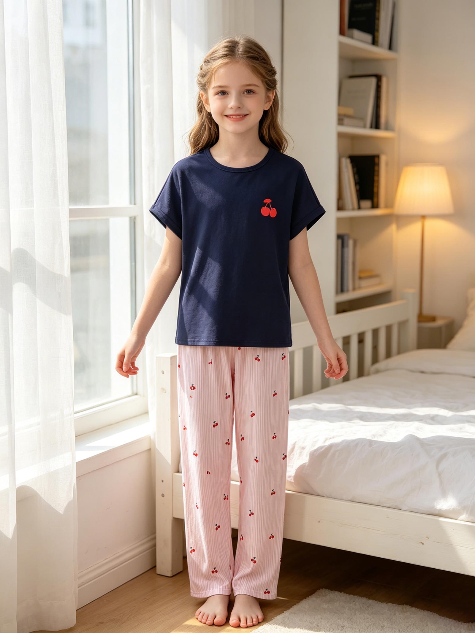 Girls Cherry Pajama Set, Navy Blue Short Sleeve Top & Pink Striped Pants Sleepwear for 8-12 Years 8Y разноцветный