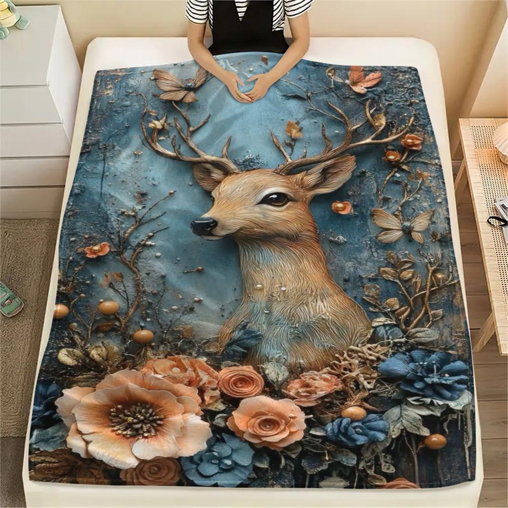 1Pc Vintage Deer Art Print Flannel Blanket, High Quality Comfortable for All Seasons, Home Decor, Warmth and Comfort, Perfect for Gifts