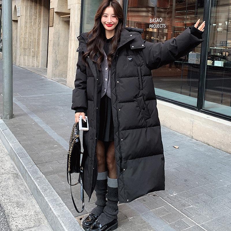 

Пуховик 2025 зима новый средней длины ниже колена студенческий корейская версия с капюшоном свободный пуховик утолщенная куртка XL чёрный