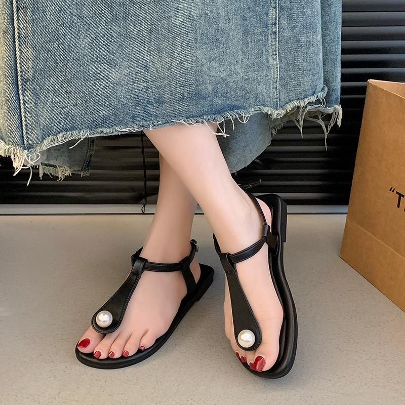 Fashion 2025 Summer Open Toe Women's Sandals Outdoor Pearl Buckle Strap Thong Sandals for New Daily Versatile Casual & Beach