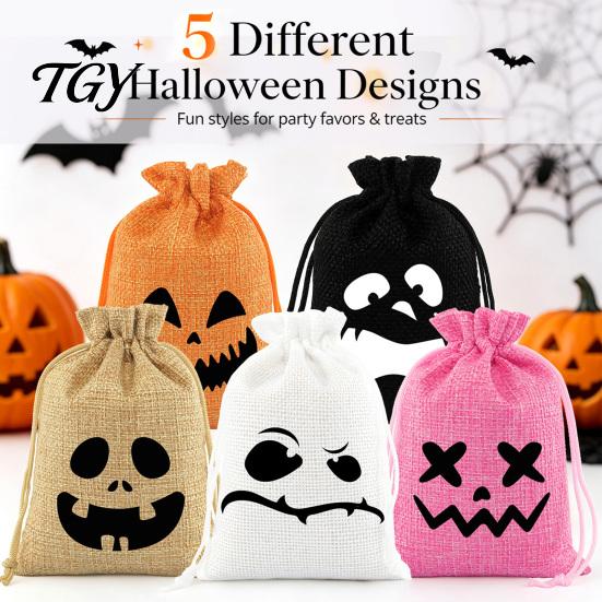 Retro Style Gift Sacks 5Pcs Halloween Candy Bags with Drawstring, Funny Ghost Pumpkin Print Pouches Mini for Party Favors And Trick or Treat