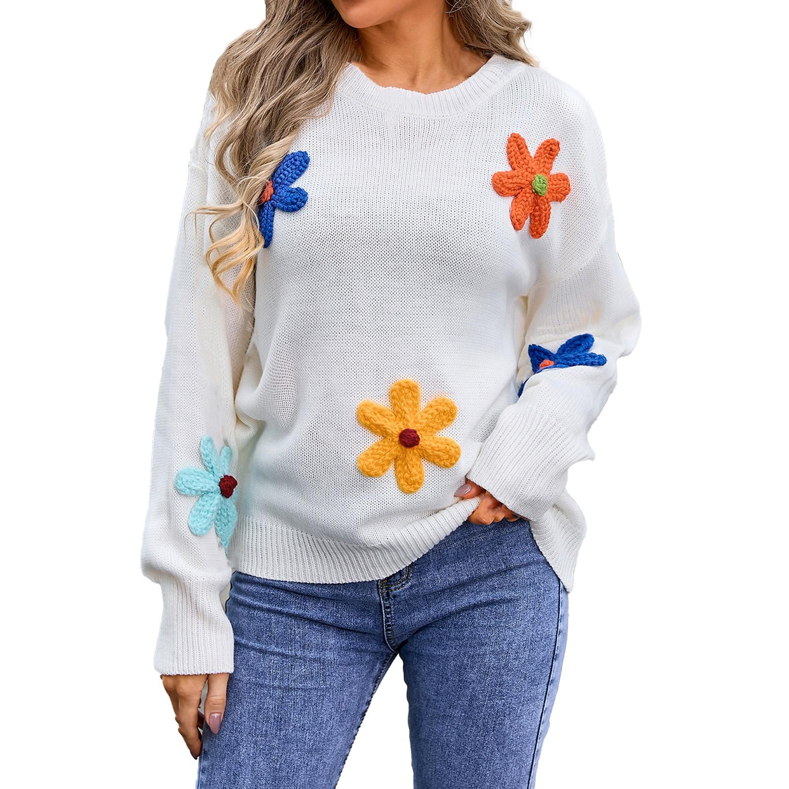 

Женский повседневный модный удобный пуловер с круглым вырезом контрастного цвета с цветочным принтом и длинным рукавом уличный тренд вязаный свитер XL белый