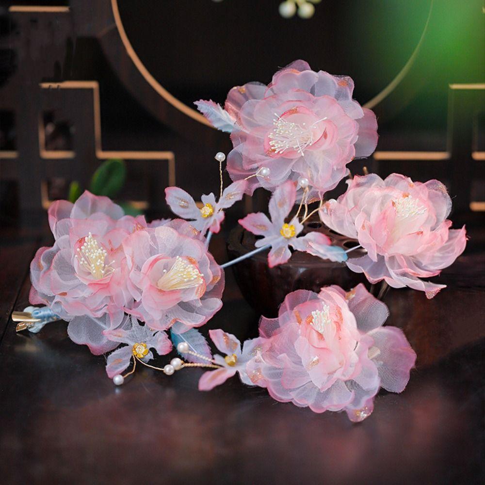 Classical Ancient Hair Clip Pearl Hanfu Headwear Elegant Silk Flower Hairpin  Children