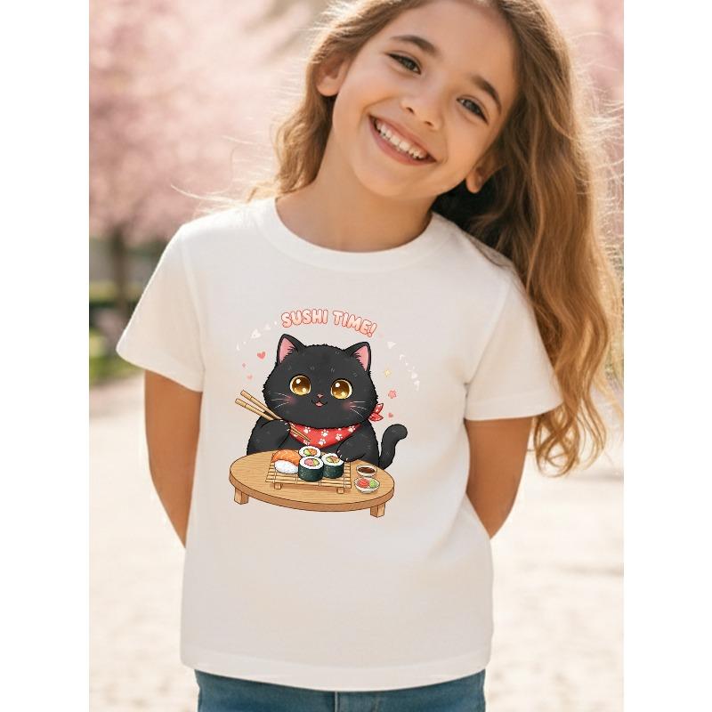 Girls Crewneck T-Shirt, Cute Kitten Nigiri Sushi Kawaii Print 110