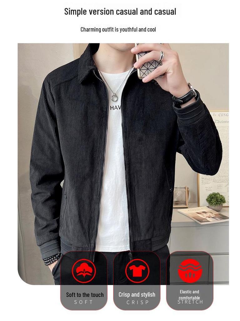 Romon Men's Corduroy Lapel Jacket - 2025 Trendy Spring/Autumn Casual Business Coat