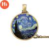 Hi New Classic Starry Night Pendant Van Gogh Necklace Glass Art Painting Pendants Vintage Jewelry Moon Stars Necklaces