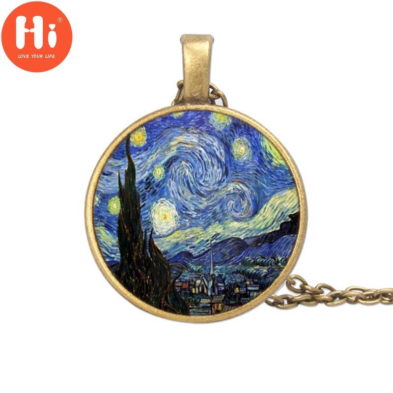 Hi New Classic Starry Night Pendant Van Gogh Necklace Glass Art Painting Pendants Vintage Jewelry Moon Stars Necklaces