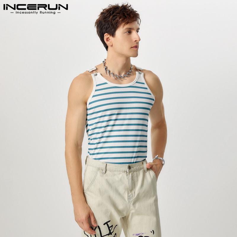 INCERUN Men Summer Sleeveless Tank Tops Striped Print Racerback Vest