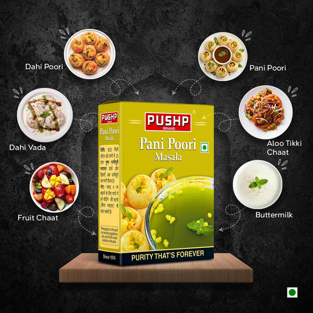 Pushp Panipuri Masala Tangy Spicy Mint Tamarind Spice Mix for Authentic Indian Street Style Pani Puri 50g Pack of 10