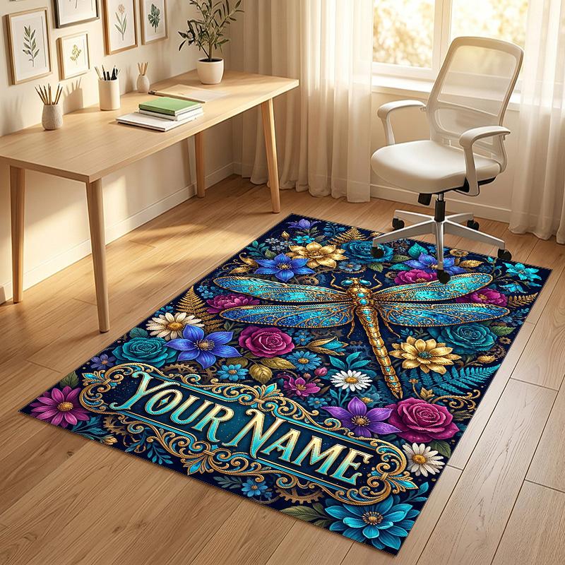Dragonfly Dreams Bloom Theme Soft Crystal Velvet Rug Custom Name & Text Print Non Slip Floor Rug for Bedroom Living Room