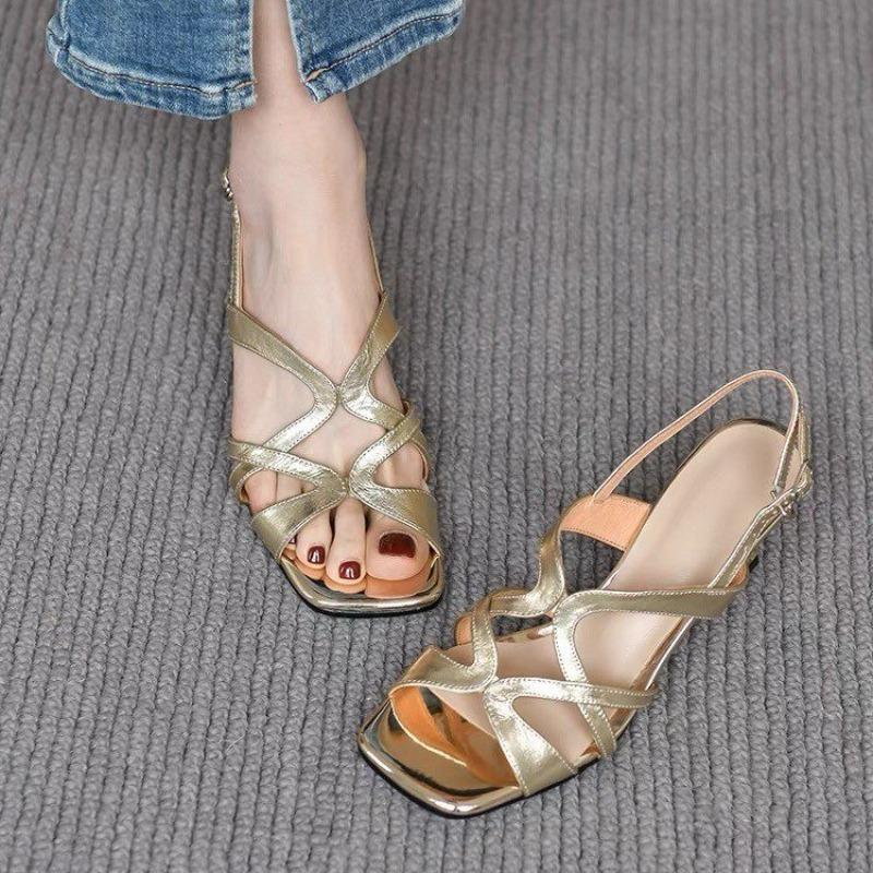 

Summer new square head open-toed sandals women s rear strap hollow thin heel versatile silver high heels women 39 золотий