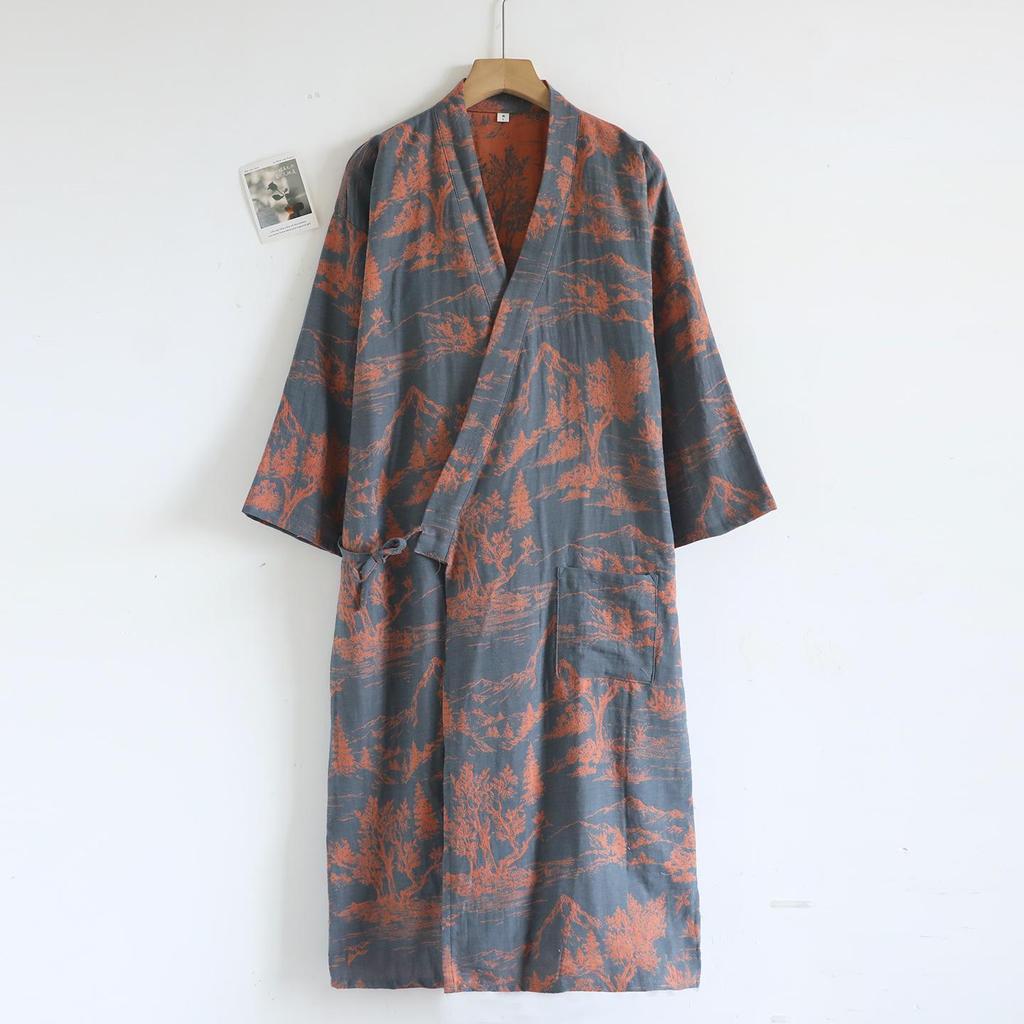 Men's Pure Cotton Jacquard Kimono Robe - Loose Fit, Plus Size, Ideal for Spring to Autumn Sleepwear and Sauna.