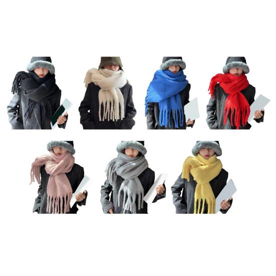Women Winter Scarf Solid Color Lightweight Soft Warm Scarf with Tassel Trim Cold Weather Imitation Cashmere Scarf