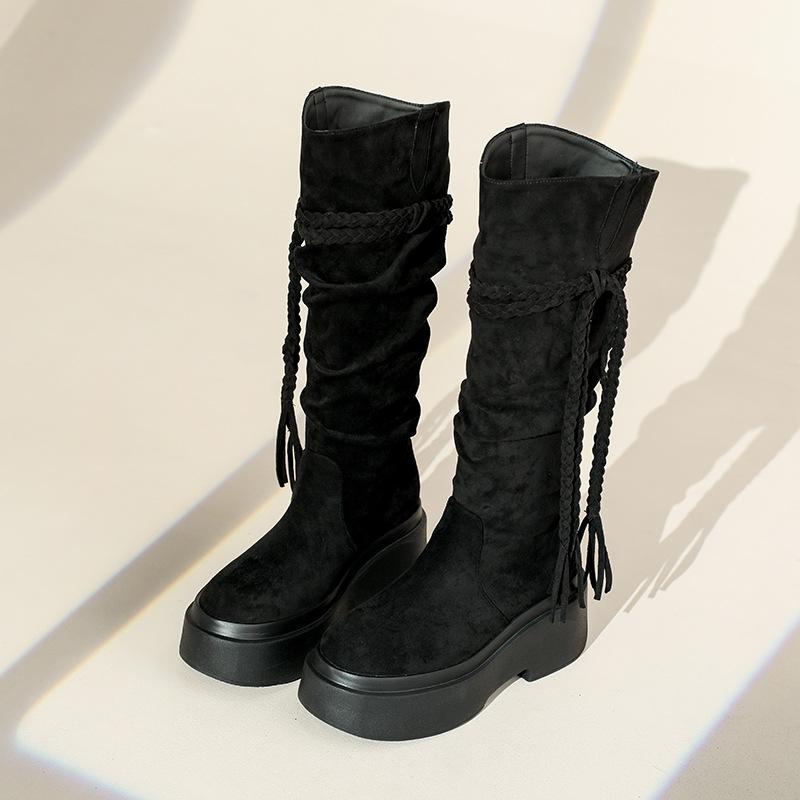 

Retro knight boots 2025 autumn wasteland wind fringed boots but knee thin round head black pile boots 40 чорний