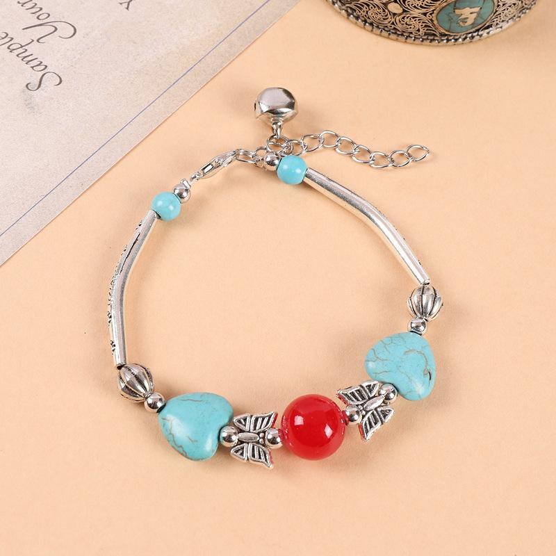 Original Handmade Turquoise Tibetan Silver Small Fish Bracelet Bohemian Retro Personality Bells Miao Silver Bracelet Women