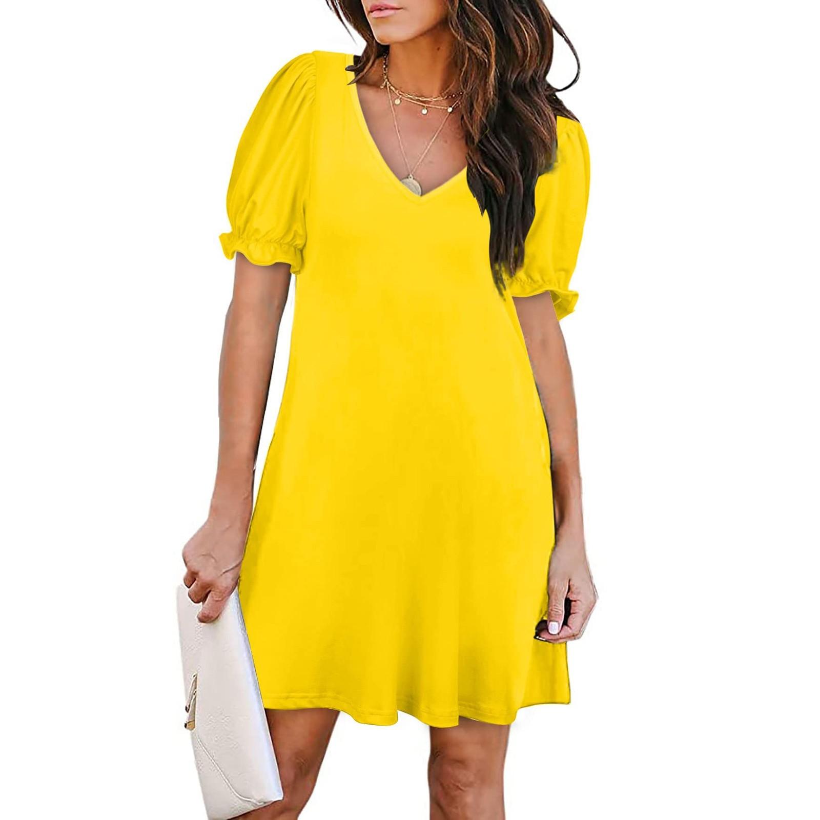 

Женское летнее модное однотонное платье с v-образным вырезом и лепестками, с короткими рукавами и карманами XL жёлтый