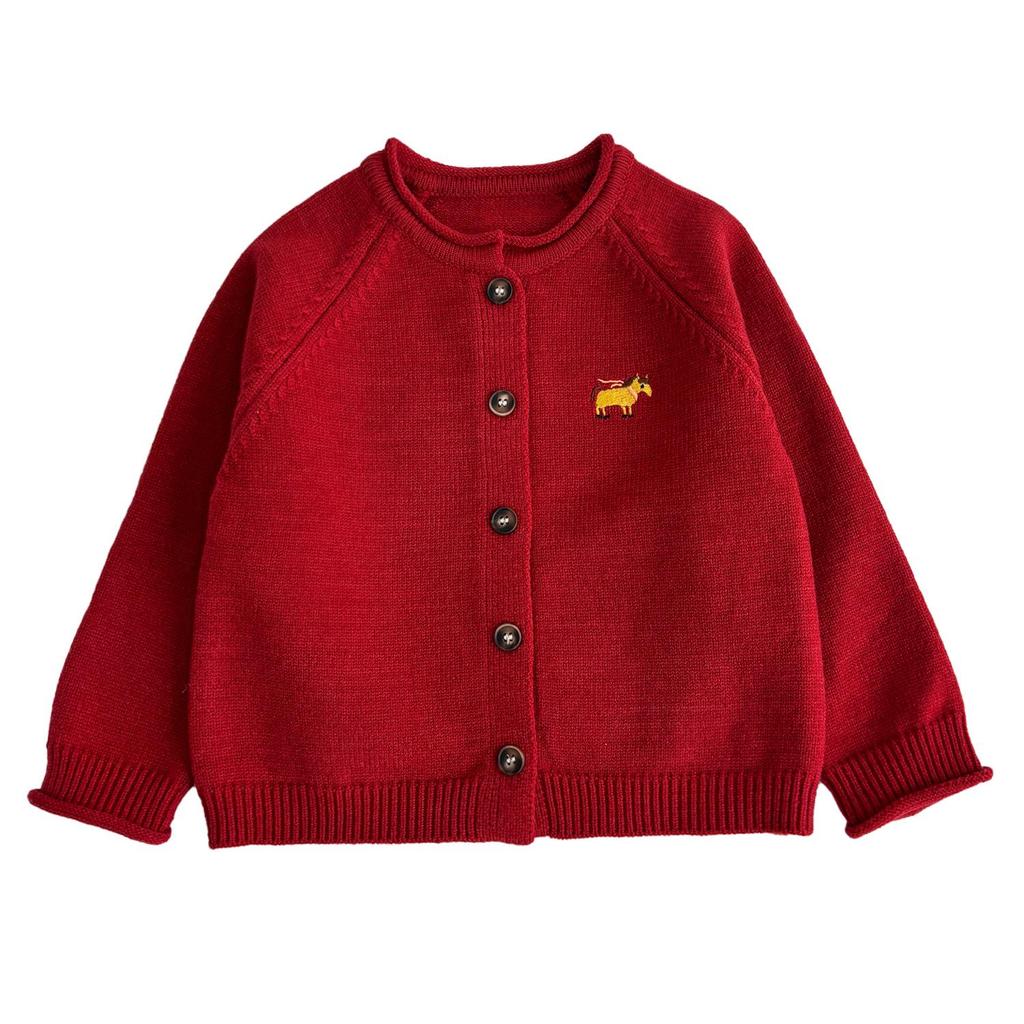2025 Christmas Red Year of the Horse Unisex Kid's Knit Cardigan: Stylish Winter Outerwear