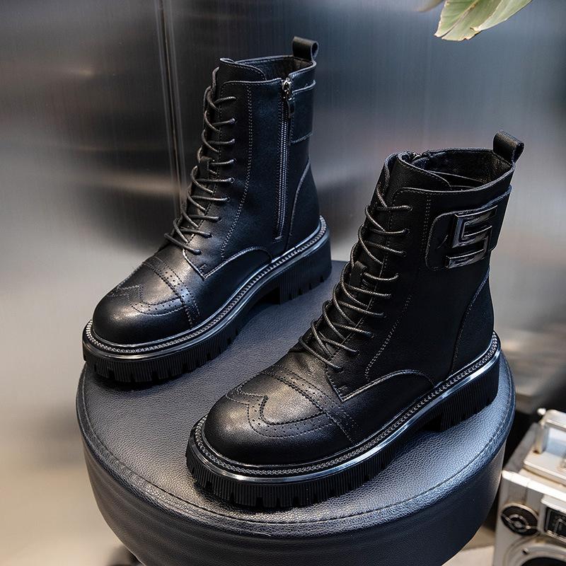 Autumn and winter new thick-soled medium-tube leather Martin boots women's velvet short boots thick-soled casual women's shoes