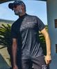 Luxe AKM Plus Golf Logo Pattern Short Sleeve Mock Neck T-Shirt, Black, Size L
