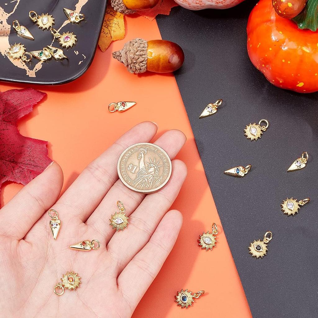 PH PandaHall Evil Eye Charm, 20pcs 2 Styles Real 18K Gold Plated Heart/Sun Cubic Zirconia Evil Eye Pendants Halloween Charms with Jump Ring for DIY
