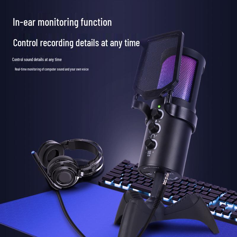 Cross-Border USB Capacitive Microphone: Perfect for Gaming, Mobile Recording, Live Broadcast, Karaoke, with One-Key Noise Reduction.