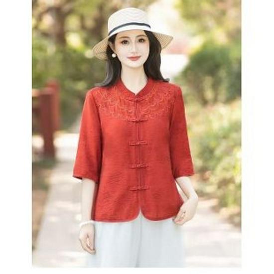 Summer New Stylish Seven-Sleeve Chinese Style Shirt for Middle-Aged Women 2XL красный