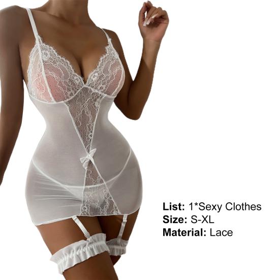 Bow Decor Deep V-neck Backless Pajamas Thong Set Crochet Lace See-through Ladies Sleepwear Briefs Set Ladies Clothing