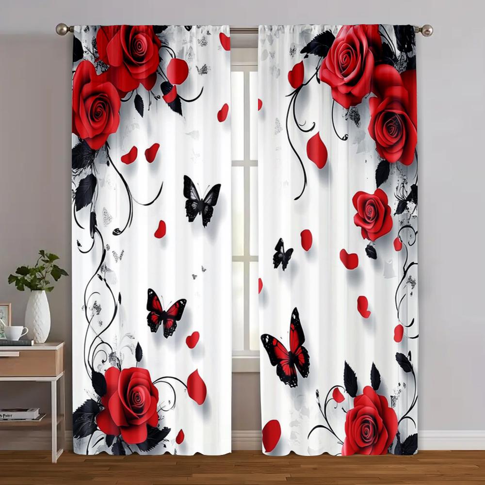 2pcs   Window Curtain  print Abstract Rose Design Versatile Fabric (without rod) Art Deco Festive Ldeal for Home Decor and