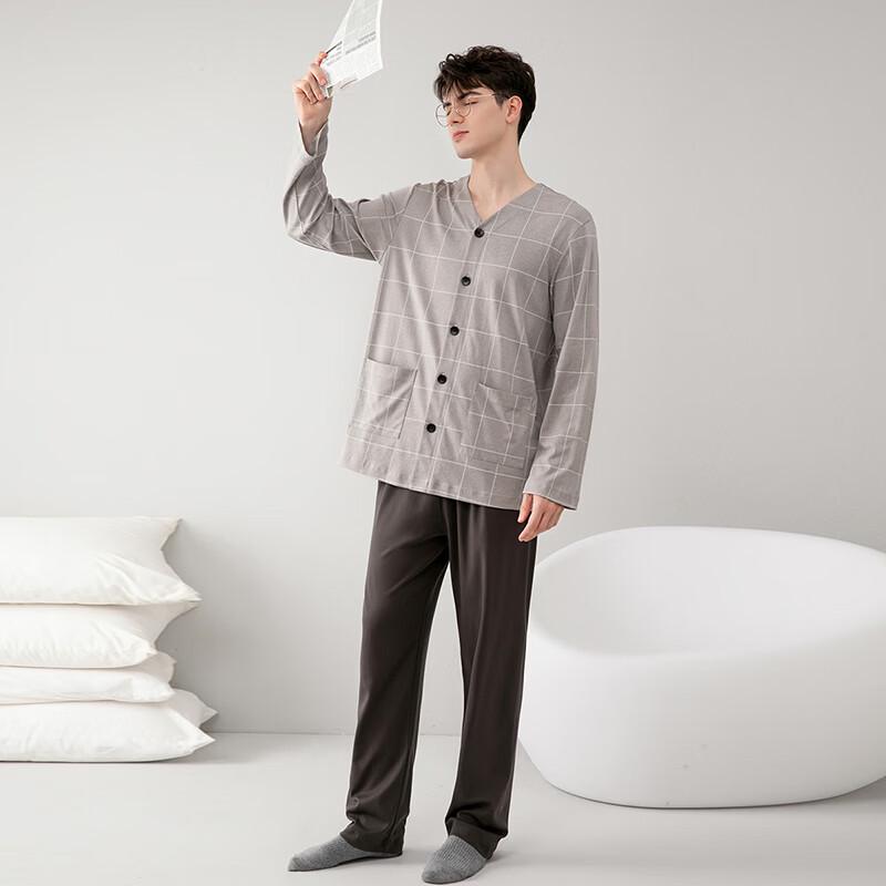 Fenteng Men's 100% Cotton V-Neck Long-Sleeve Loungewear Set