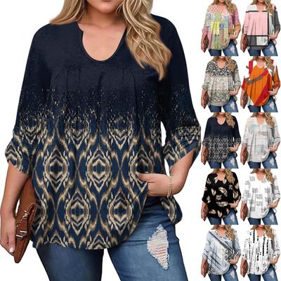 Moda para Mujer Talla Grande Estampado Casual Plisado Cuello Redondo Manga Larga