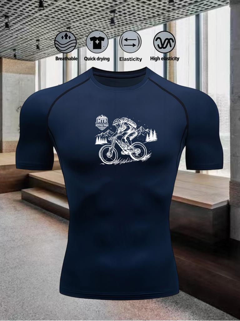 Men's Compression Shirt Quick Dry Navy Blue Gym T-Shirt Mountain Bike Print Workout Sportswear