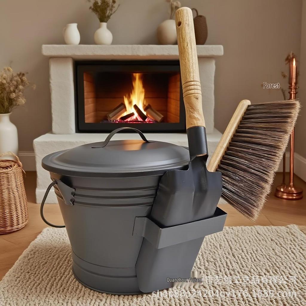Wrought Iron Fireplace Ash Shovel & Bucket Set - 3 Pieces