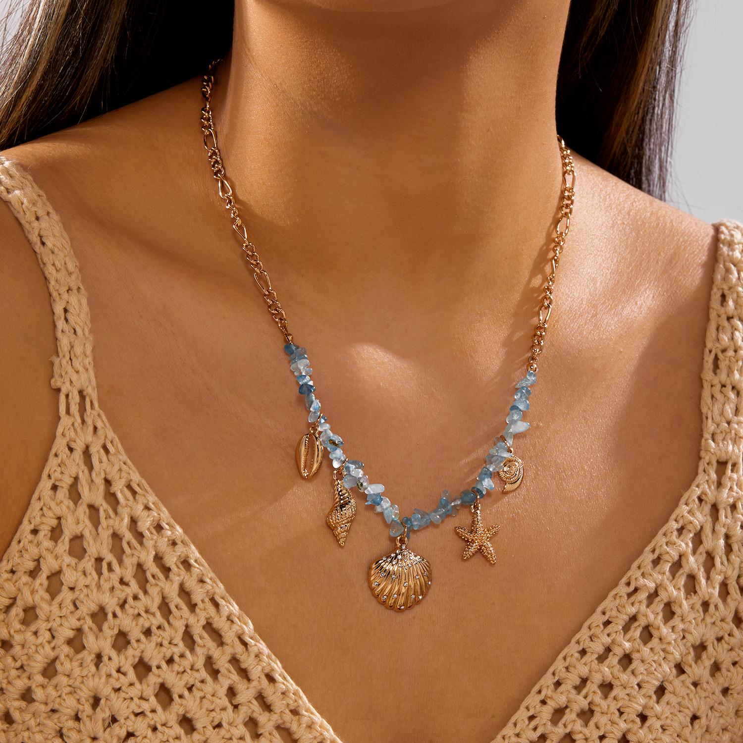 

Boho Y2K Cute Shell Starfish Necklace for Women Blue Irregular Gravel Conch Scallops Pendant Choker Aesthetic Jewelry Party Gift