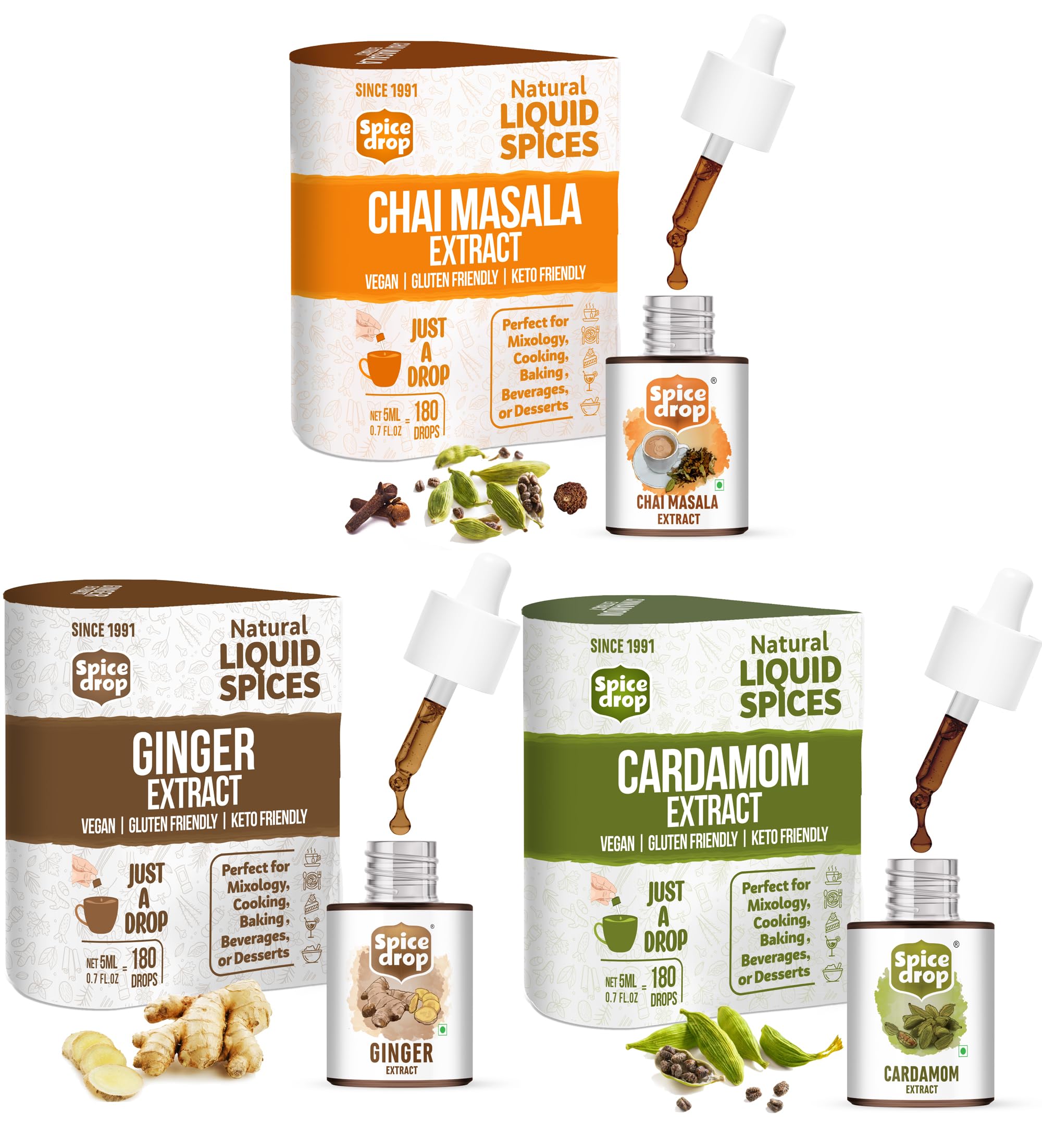 

Spice Drop Chai Masala Tea Combo | Natural Extract of Ginger (Adrak), Tea Masala (Chai Masala) and Cardamom (Elaichi) | Food, Beverages and Desse