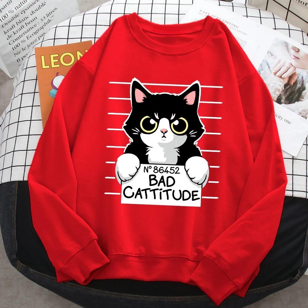 Autumn Winter Womens Pullover No86452 Bad Cattitude Funny Cat Print Hoodie  All-Math Sweatshirts Warm Crewneck Ladies Tops