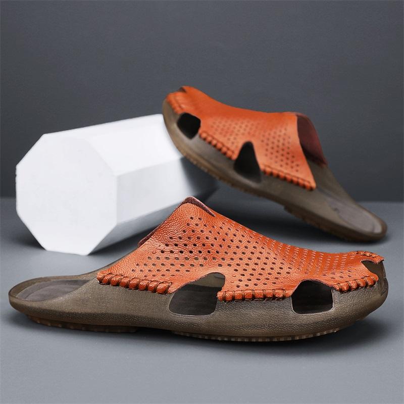 Fashion Quick Dry Men's Leather Slides Comfortable Male Slippers Anti-Slip Outdoor Half Drag Handmade Hollow Out Sandals Man Flip Flops