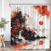 Samurai Geisha Japanese Style Ink Painting Shower Curtain Japan Shrine Red Sun Mountain River Pink Cherry Blossom Bath Curtain