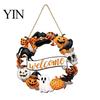 Fall Front Porch Signs Halloween Wooden Wreath Door Hanger Sign, Pumpkin Ghost Black Cat Witch Ornaments Bat Patterns, Hanging Plaque for Farmhouse