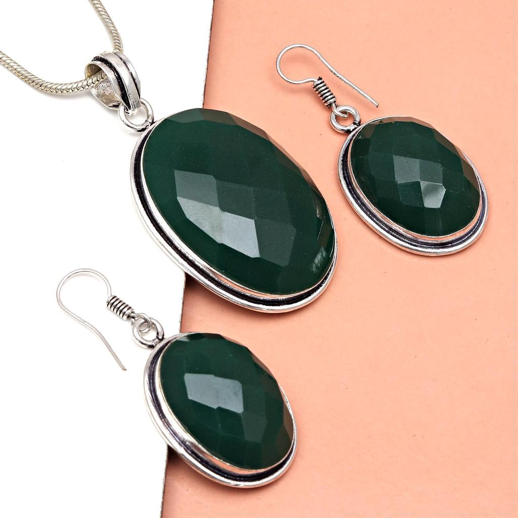 Onyx Grün Anhänger Set Ohrringe Schmuck Edelstein Handgefertigt Ethnisch