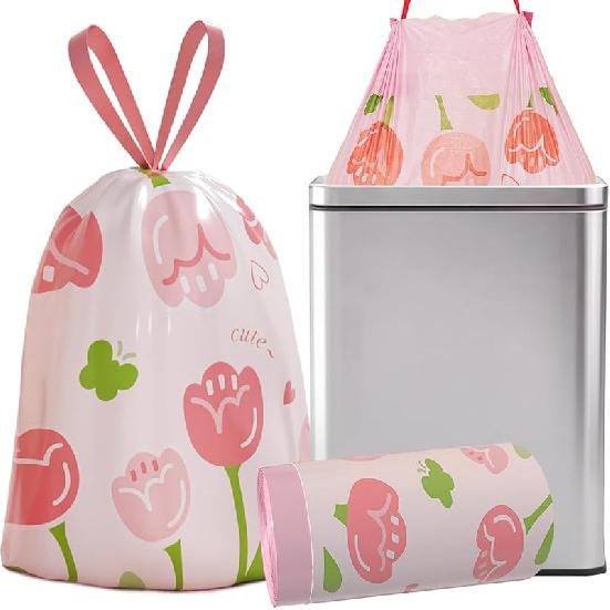 4 Gallon Trash Bags, Small Garbage Bags with Drawstring and Printed Lily Design, Tear-Free, Leakproof & Durable Small Trash Bags for Bathroom,