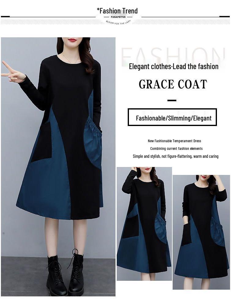 Autumn 2025 Plus Size Slimming Color Block Long Sleeve Dress for Women