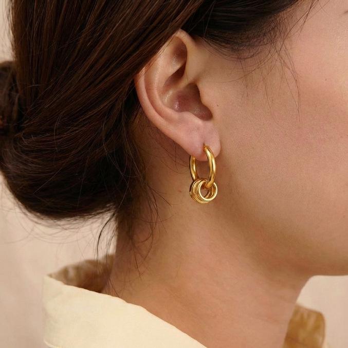 Xia Ling 18K Gold Double Layer Circle Earrings - Stylish Stainless Steel Metal Ear Cuffs for Women.