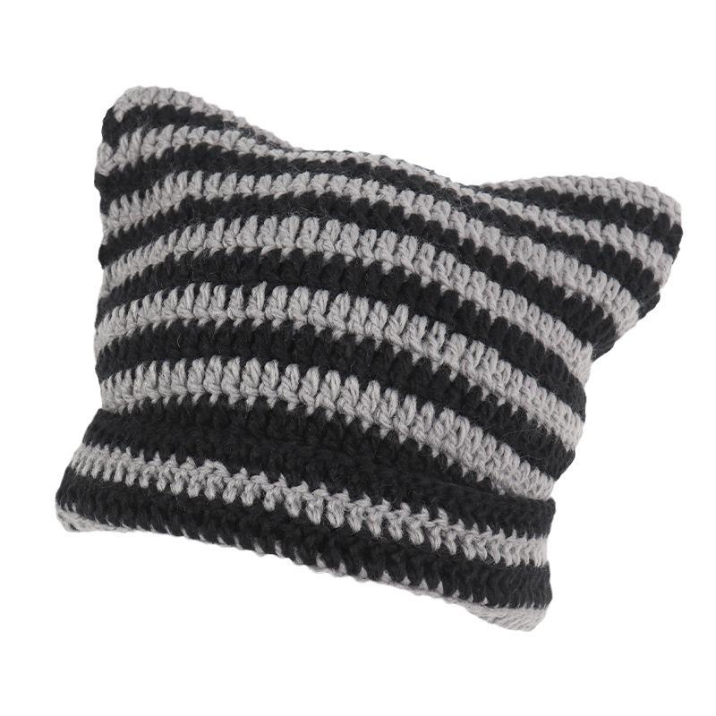 Women S Striped Knit Beanie With Cat Ears Pointed Ear Flap Hat