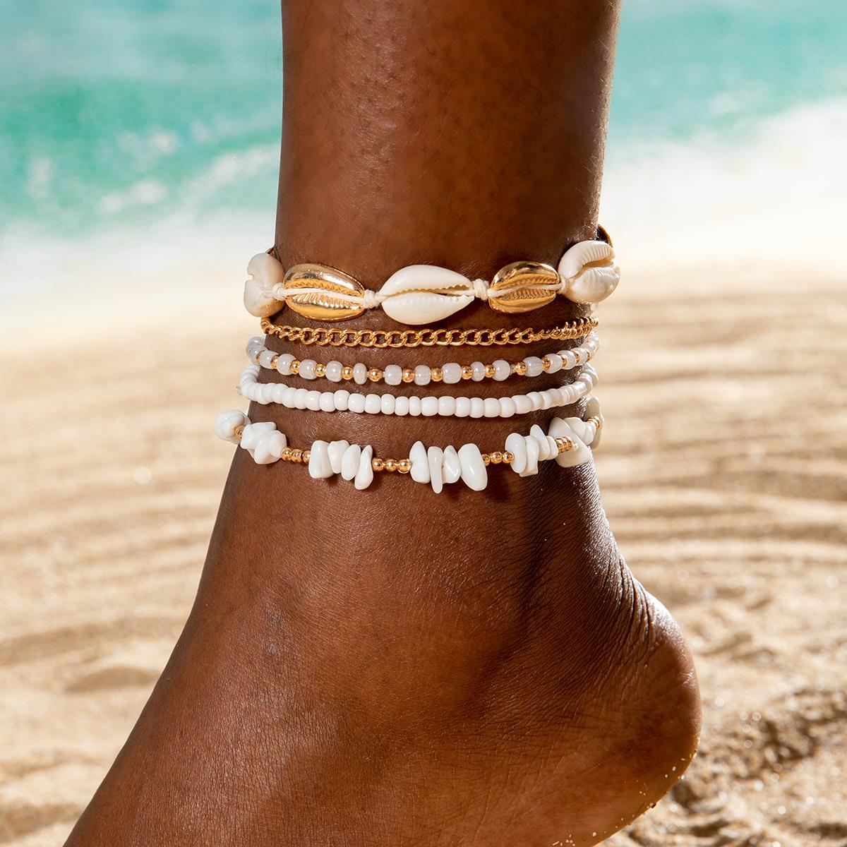 

Bohemian Style Shell Anklet Women s Jewelry White Small Gravel Rice Bead Woven Anklet Five Piece Set