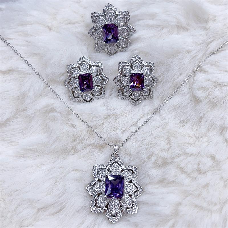 Elegant Purple Gemstone Jewelry Set: Necklace, Earrings, Ring & Pendant
