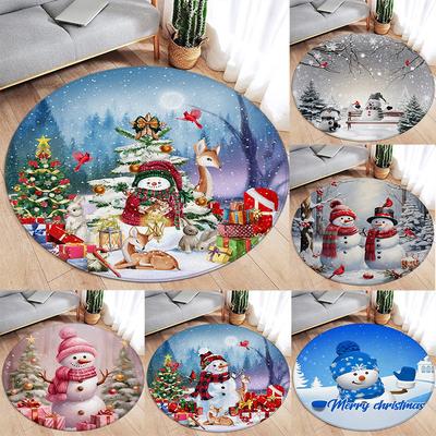 Winter-Weihnachts-Thema Runder Teppich Niedlicher Schneemann, Weihnachtsbaum, Rentier, Wald, Schneeflocke Muster Geschenk Teppich für Zuhause Wohnzimmer