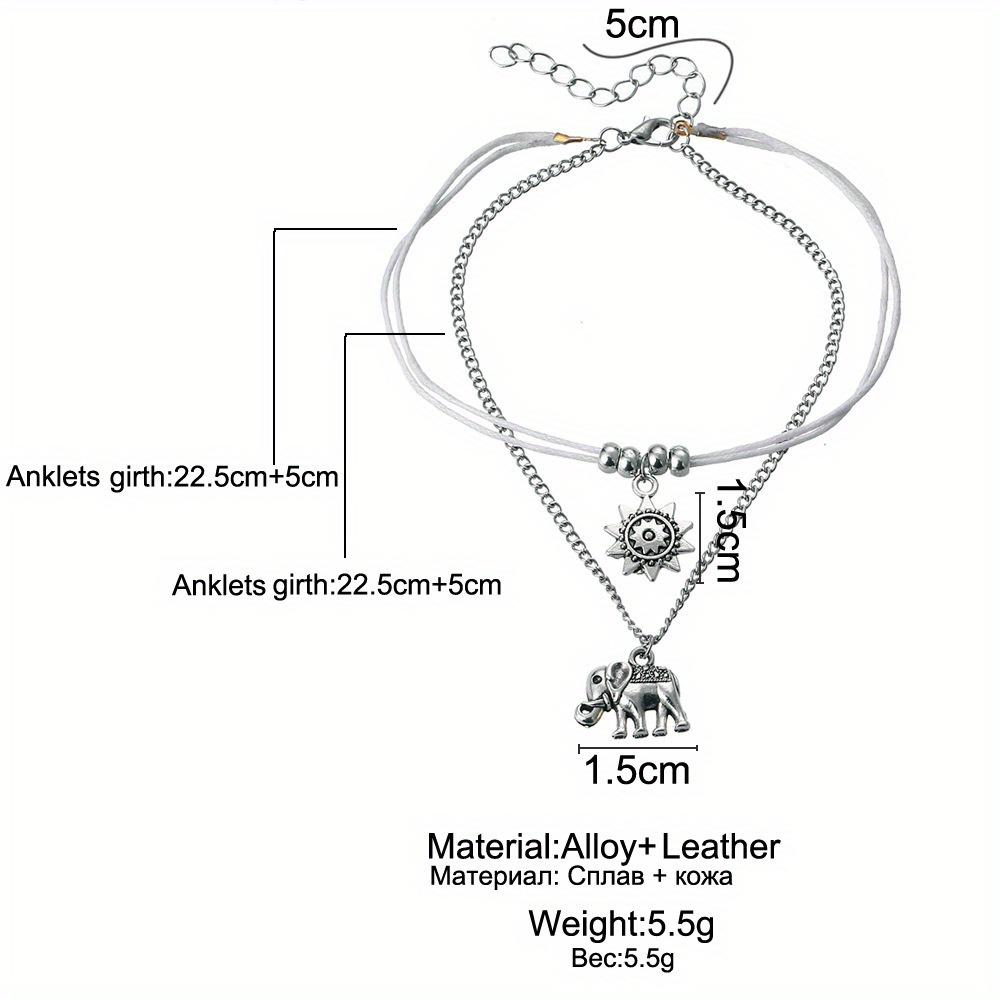 High-quality hypoallergenic bohemian style vintage silver-tone elephant and sun multi-layer anklet for summer beach wear pcs Trendy fashion